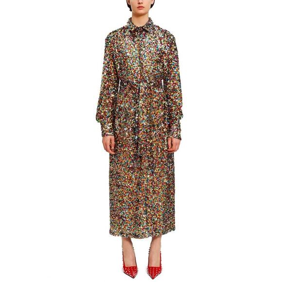 ATTICO Multicolor Sequined Chemisier Belted Maxi Shirt Dress Size 36 US 0